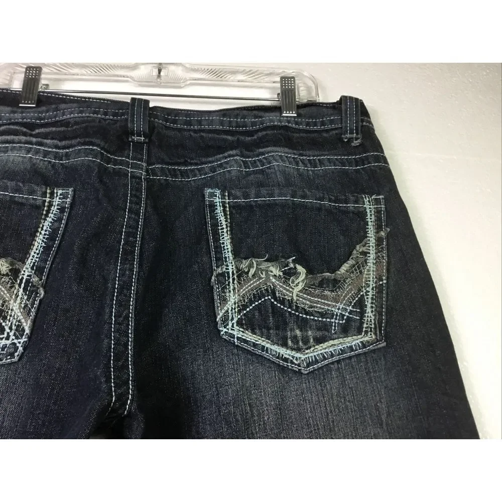 OTB Mens Jeans 38X32 Distressed embroidered StreetWear Blue denim cat whiskers - Picture 6 of 9